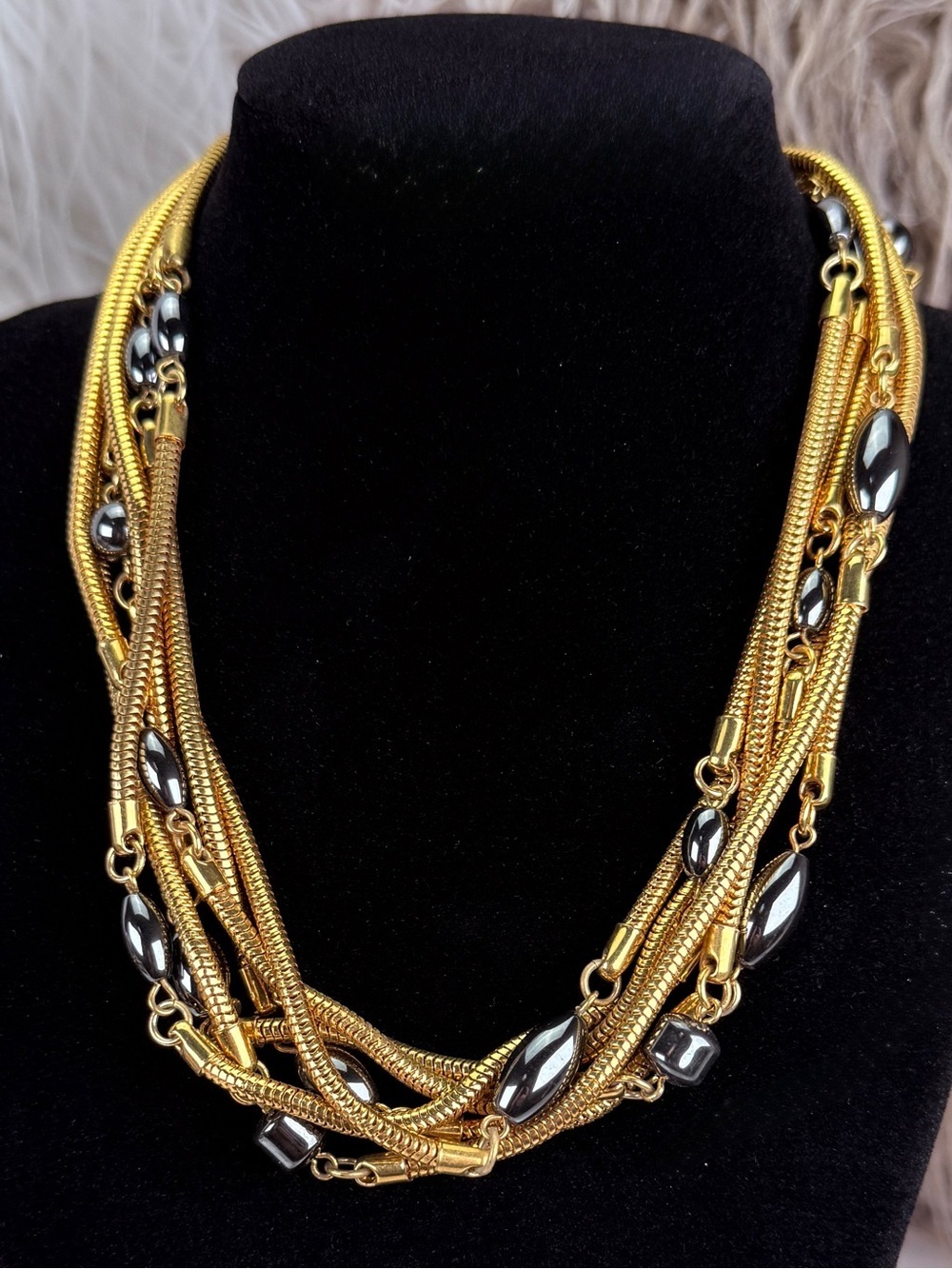 Vintage Multi Strand Gold Tone Snake Chain Hematite Necklace